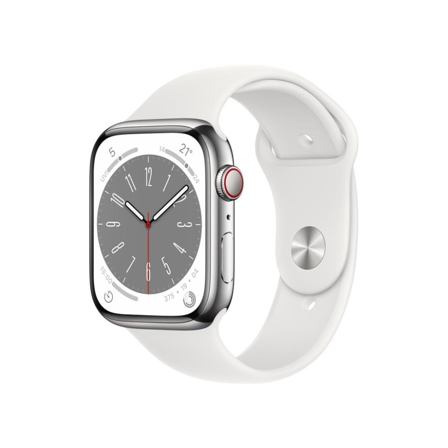 Apple Watch Series 8 GPS+Cellularモデル 45mm MNKE3J/A シルバーステンレススチールケース/ホワイトスポーツバンド